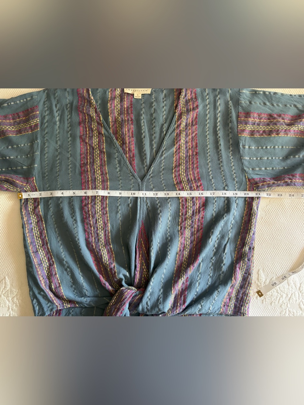 Lovestitch Blue Metallic Stripe Front-Tie Blouse - size Large - boho woven top - Picture 11 of 15